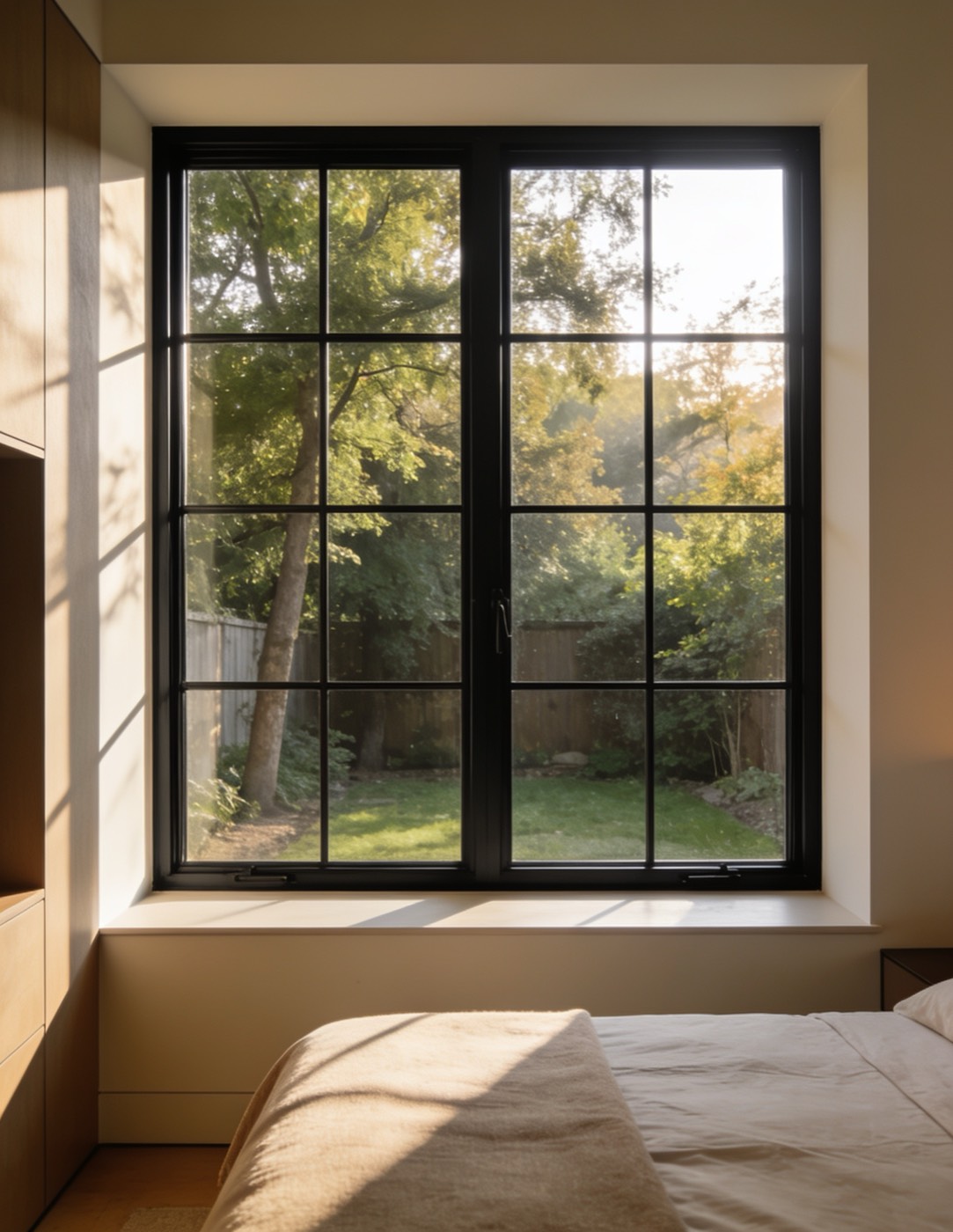 Quarto iluminado pela manhã através de uma ampla janela de alumínio com vista para o jardim