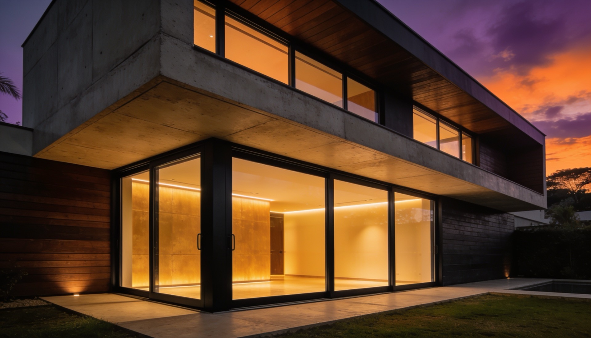 Fachada moderna de casa ao entardecer, com amplas esquadrias de alumínio e luz quente iluminando o interior