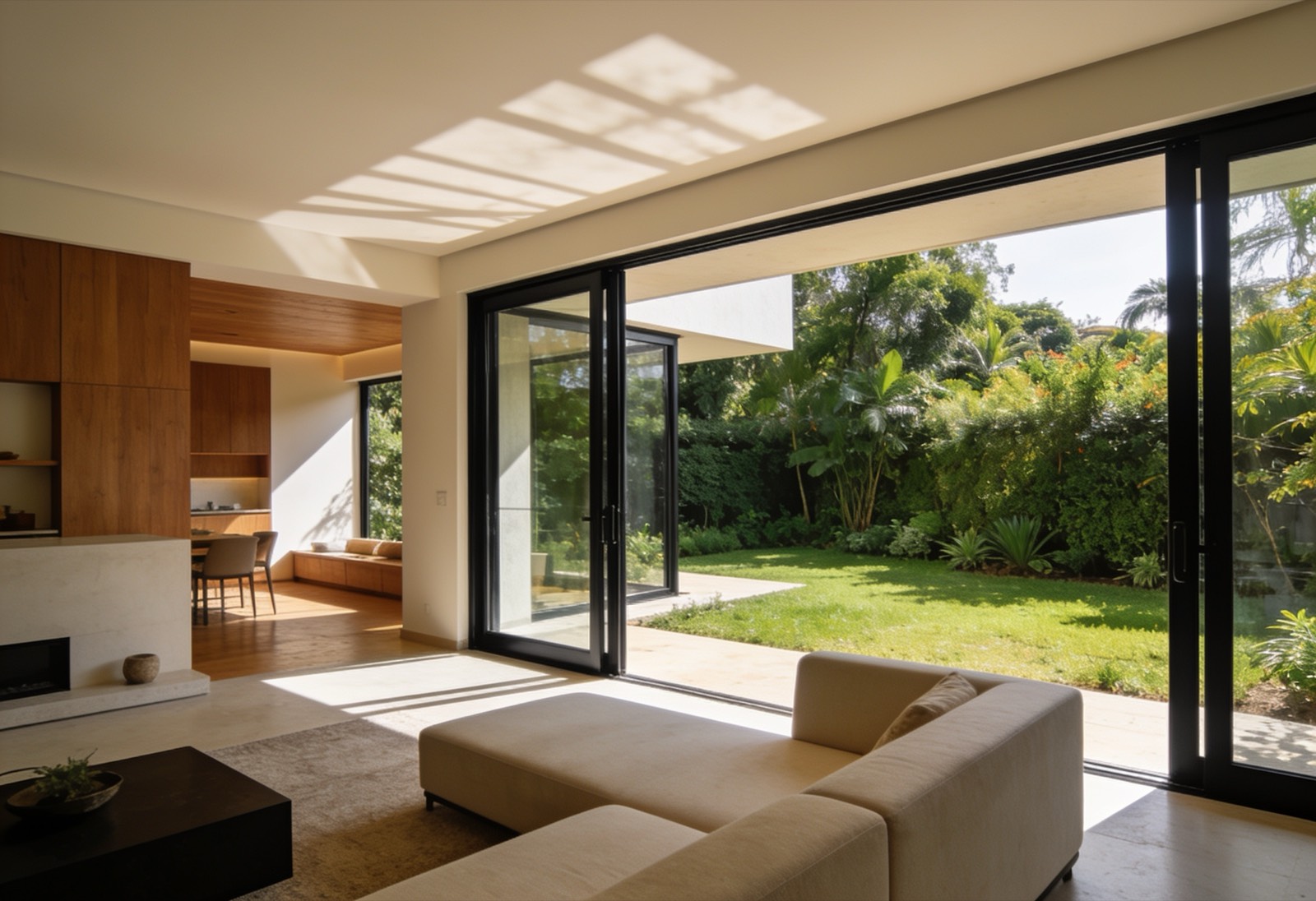Sala de estar com portas de correr de alumínio abertas para um jardim iluminado